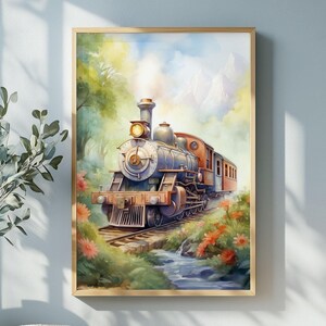 Regalo per gli amanti dei treni. Stampa di una locomotiva. Poster per la cameretta dei bambini, la nursery o la sala giochi. Grafica per bambini con treni. Decorazione murale con ferrovia.