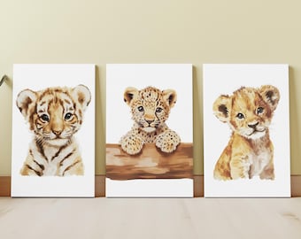 Set of big cat canvases. Young tiger, baby cheetah, & lion cub nursery paintings. Kids room decorations. Young children&#39;s bedroom wall art.