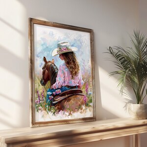 Cowgirl Reitpferd Poster. Serene Western Wandbehang. Ruhiges Ölgemälde Stil. Feld der Blumen Wandkunst. Mädchen Schlafzimmer art.