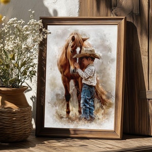 Poster con giovane cowboy e cavallo. Sereno arazzo western. Dipinto di campagna tranquillo. Arte murale per camera da letto di una casa del sud. Dolce arredamento rustico.