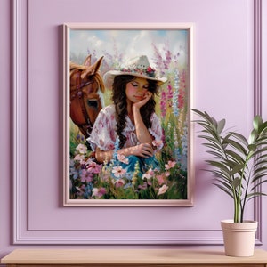 Poster con cowgirl bruna e cavallo. Dipinto a olio per la stanza delle bambine. Decorazione western. Regalo per gli amanti dei cavalli. Arte murale country serena.