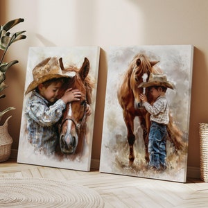 Set of country western canvases. Cowboy & horse paintings. Southern living rustic home decor. Boy hugging chestnut horse. Bedroom, playroom