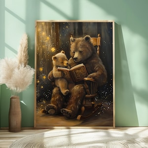 Poster di papà orso e orsetto. Decorazione magica per la stanza dei bambini o la camera da letto. Regalo per neo-papà o nonno in stile dipinto a olio. Arte murale da favola.