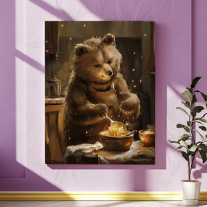 Mamma orsa in cucina che prepara il porridge dorato su tela. Arte murale per la stanza dei giochi della cameretta dei bambini. Decorazione murale con orso bruno dipinto a olio. Arte digitale