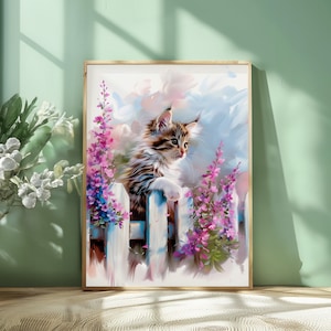Poster di un gattino con fiori. Fiori di campo con un gatto appeso alla parete. Decorazione per la cameretta, la camera da letto o la sala giochi. Dipinto di un gatto da fattoria su una staccionata bianca.