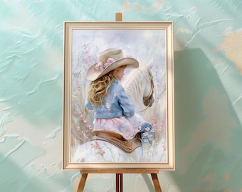 Cowgirl riding white horse poster. Serene western wall hanging. Calm country painting. Field of wildflowers. Young girls bedroom wall art.