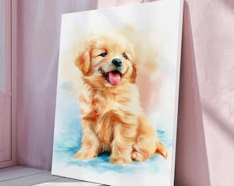 Golden Retriever Welpe Leinwand. Wandbild für Jungen oder Mädchen im Schlafzimmer, Kinderzimmer oder Spielzimmer. Geschenk für Hundeliebhaber. Aquarell Wandbehang.