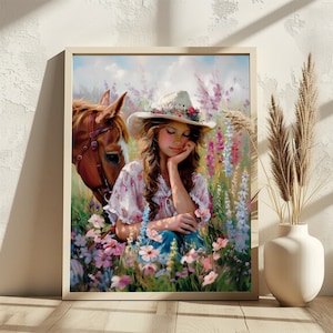 Cowgirl und Pferd Poster. Mädchenzimmer Ölgemälde. Western Dekoration. Geschenk für Pferdeliebhaber. Gelassene ländliche Wandkunst. Rustikale digitale Kunst.