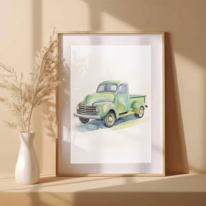 Poster di camion vintage verde. Vecchio camion agricolo da appendere alla parete. Acquerello di camion da lavoro. Decorazione per la stanza di ragazzi, ragazze, adolescenti. Decorazione per la camera da letto dei bambini.