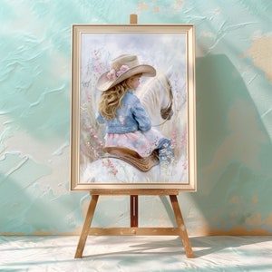 Poster di cowgirl che cavalca un cavallo bianco. Sereno arazzo western. Dipinto di campagna tranquillo. Campo di fiori selvatici. Arte murale per la camera da letto di ragazze.