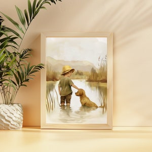 Poster con ragazzino e cucciolo. Decorazione murale per la camera da letto, la cameretta o la sala giochi dei ragazzi. Decorazione per la stanza con bambino e cane nello stagno. Arte murale calma.