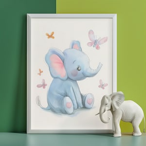 Poster di elefante con farfalle. Perfetto per la cameretta dei bambini o la sala giochi. Arte murale safari. Decorazione ad acquerello.