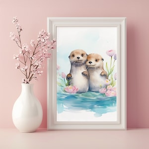 Poster di graziose lontre. Stagno di ninfee. Arte murale per cameretta e cameretta dei bambini. Regalo per baby shower. Decorazione per bambini piccoli.