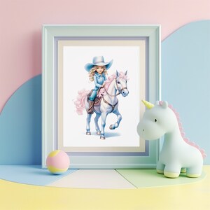 Poster di cowgirl che cavalca un pony. Arte murale per la camera da letto di neonati, ragazze o adolescenti, nursery o sala giochi. Decorazione per la stanza da pittura country western.