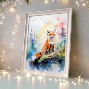 Poster di volpe nella foresta colorata. Arazzo da parete per ragazzi, ragazze o adolescenti. Asilo nido con volpe ad acquerello. Decorazione per camera da letto Cottagecore. Dipinto di bosco