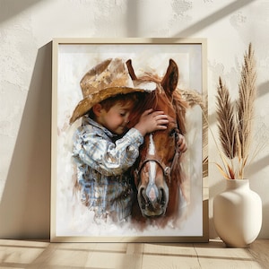 Poster di un giovane cowboy che abbraccia un cavallo. Sereno arazzo western. Dipinto di campagna tranquillo. Arte murale per camera da letto di una casa del sud. Dolce arredamento rustico.