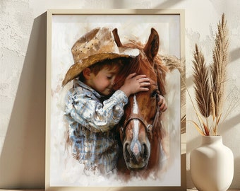 May include: A painting of a young boy wearing a brown cowboy hat hugging a brown horse. The boy is wearing a blue and white plaid shirt. The horse has a brown leather bridle.