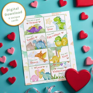Lindas tarjetas de San Valentín con dinosaurios. Descarga digital. Juego de 8 tarjetas imprimibles con dinosaurios para niños. Tarjetas de San Valentín para niños o niñas en el aula.