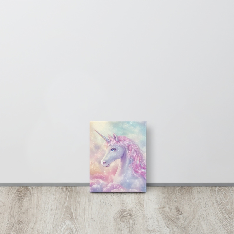 May include: A canvas print featuring a majestic unicorn with a flowing pink mane and a golden horn. The artwork is set against a dreamy backdrop of pastel clouds and a soft, ethereal glow, creating a whimsical and enchanting scene.