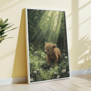 Poster orsetto tema bosco. Arte murale per la cameretta dei bambini. Decorazione per cameretta, camera da letto o sala giochi. Stanza tema foresta. Dipinto Cottagecore