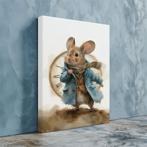 Hickory Dickory Dock, the mouse ran up the clock canvas. Girl, boy, bedroom. Wall decor. Watercolor.