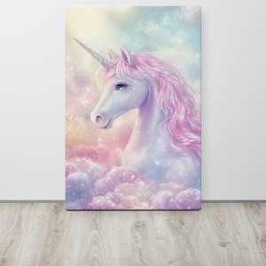 May include: A canvas print featuring a majestic unicorn. The unicorn has a white coat, pink mane, and a rainbow-colored horn. It is set against a dreamy backdrop of pastel clouds and a soft, glowing sky. The artwork evokes a sense of fantasy and wonder.