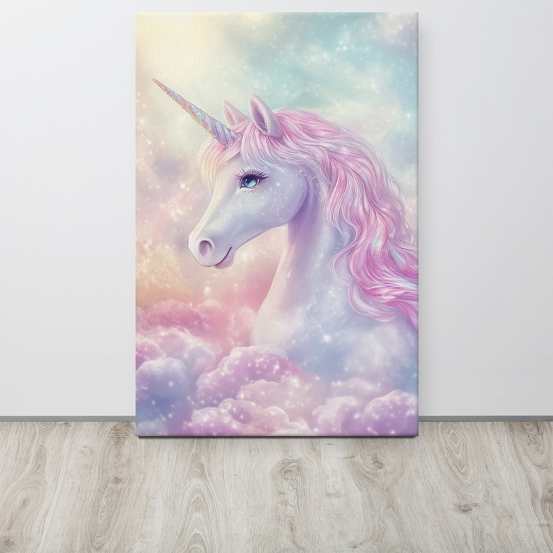 May include: A canvas print featuring a majestic unicorn. The unicorn has a white coat, pink mane, and a rainbow-colored horn. It is set against a dreamy backdrop of pastel clouds and a soft, glowing sky. The artwork evokes a sense of fantasy and wonder.