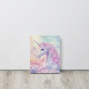 May include: A canvas print featuring a majestic unicorn with a white coat, a spiraled horn, and flowing pink mane. The unicorn is set against a dreamy backdrop of pastel clouds and a sparkling sky, creating a whimsical and enchanting scene.