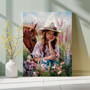 Tela con cowgirl e cavallo. Decorazione western per la stanza delle ragazze. Decorazione da parete country tranquilla. Arte murale per la stanza delle adolescenti con campo di fiori. Decorazione rustica.
