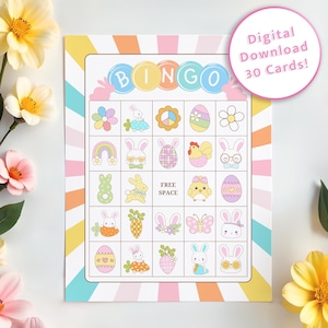 Cartões de Bingo de Primavera Fofos e Groovy. Download Digital. Conjunto de 30 cartões exclusivos para impressão para crianças. Festa de classe para crianças pequenas. Jogo de Páscoa em família