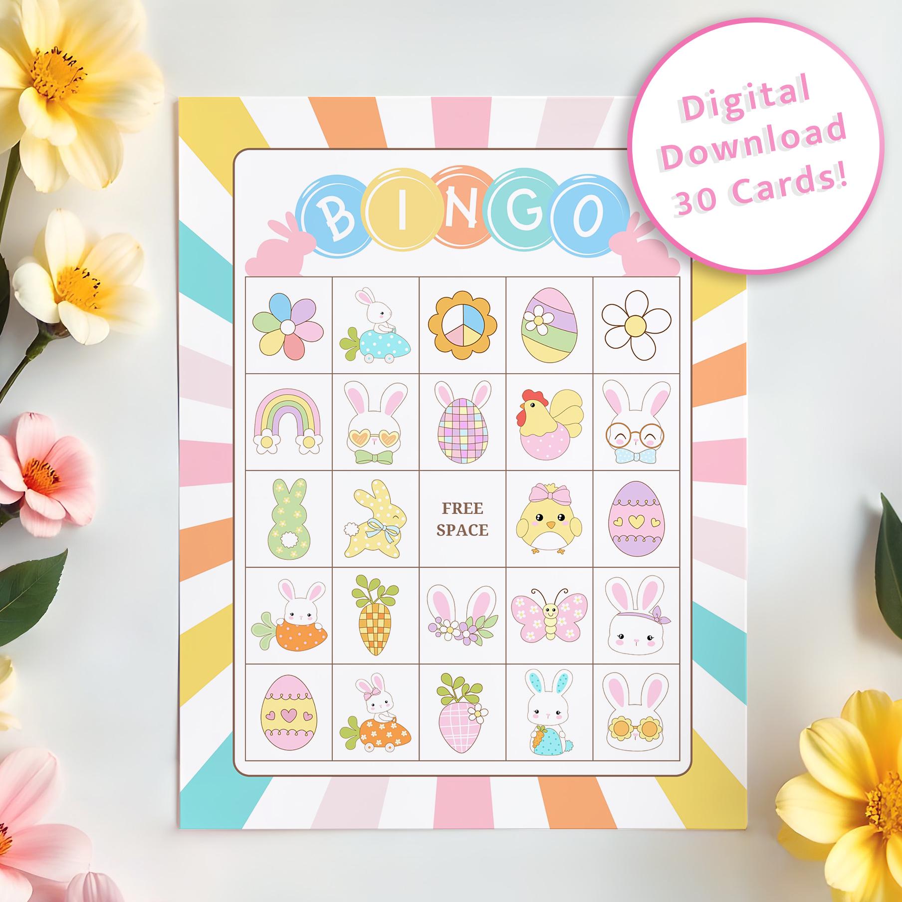 Cute Groovy Spring Bingo Cards. Digital Download. Set of 30 unique printable cards for kids. Young childrens class party. Family Easter game
