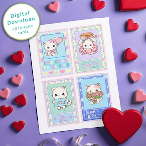 Tarjetas de San Valentín con gatos adorables. Descarga digital. Juego de 20 tarjetas imprimibles con gatitos para niños. Fiesta en el aula para niños pequeños.