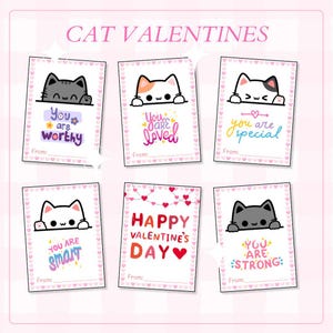 Könnte beinhalten: Sechs Valentinstagskarten mit Cartoon-Katzen. Jede Karte hat eine andere Botschaft, wie "You are worthy" und "Happy Valentine's Day". Die Karten haben einen rosa Rand mit Herzdetails.