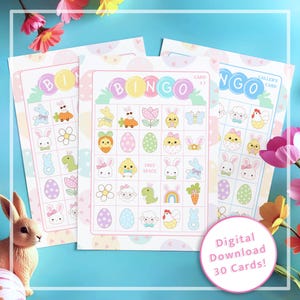Niedliche Frühlings Bingo Karten. Digitaler Download. Set aus 30 einzigartigen druckbaren Karten für Kinder. Junge Kinder Klassenzimmer Party. Familien-Osterspiel.