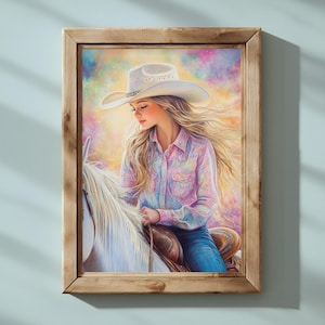 Poster di giovane cowgirl bionda che cavalca un cavallo bianco. Colorato arazzo western. Tranquillo dipinto country. Arte murale per la camera da letto delle ragazze.
