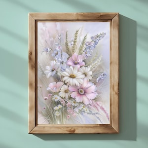 Opzione poster fiori selvatici 2. Arte murale per camera da letto a tema floreale per bambine. Decorazione per cameretta o sala giochi per bambini. Bouquet floreale di rosa, bianco e blu