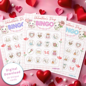Cartões de Bingo de Dia dos Namorados de Gatos Fofos. Download Digital. Conjunto de 20 cartões exclusivos de gatinhos para imprimir para crianças. Festa de sala de aula para crianças pequenas.