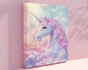 Pretty unicorn in clouds canvas. Kids nursery, bedroom, or playroom wall art. Magical decoration for fantasy theme rooms. Rainbow colors.