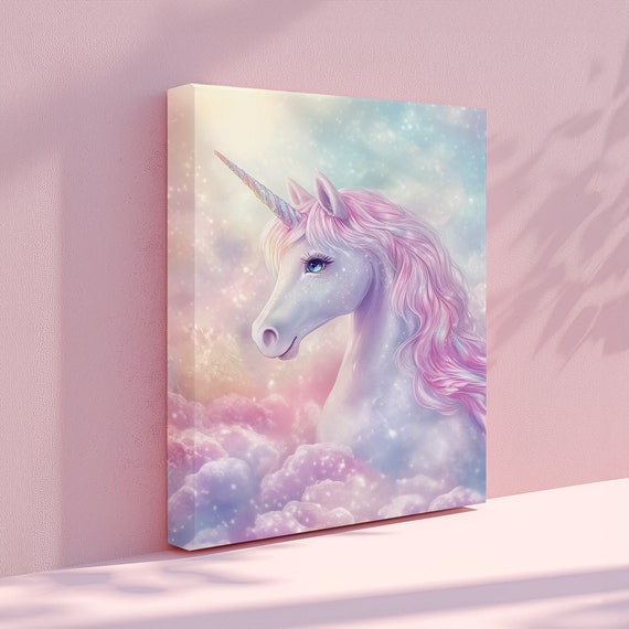 Pretty unicorn in clouds canvas. Kids nursery, bedroom, or playroom wall art. Magical decoration for fantasy theme rooms. Rainbow colors.