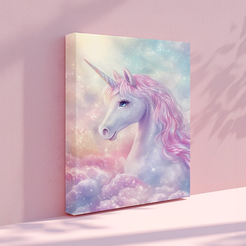 May include: A canvas print featuring a majestic unicorn. The unicorn has a white coat, a spiraled horn, and flowing pink mane and tail. It is set against a dreamy backdrop of clouds in shades of pink, purple, and blue.