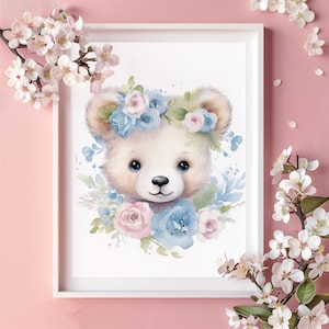 Decorazione poster orsetto. Arte murale ad acquerello. Camera da letto per bambini. Arazzo da parete per la cameretta dei bambini. Cameretta per bambini con fiori rosa e blu. Regalo per baby shower
