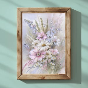 Opzione poster fiori selvatici 1. Arte murale per camera da letto a tema floreale per bambine. Decorazione per cameretta o sala giochi per bambini. Bouquet floreale di rosa, bianco e blu