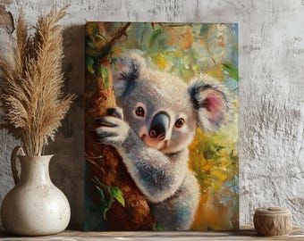 May include: A painting of a koala bear with grey fur and pink ears, clinging to a tree branch. The koala is looking directly at the viewer with a curious expression. The background is a blurred painting of green leaves and flowers.