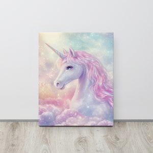 May include: A canvas print featuring a majestic unicorn. The unicorn has a white coat, a pink mane, and a multicolored horn. It is set against a dreamy background of pastel colors and fluffy clouds, creating a whimsical and enchanting scene.