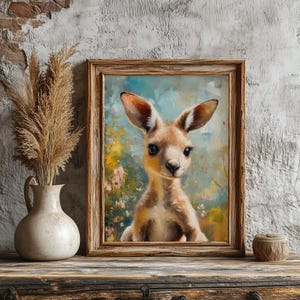 Poster canguro. Decorazione da parete tema Australia. Stile pittura a olio Outback. Arte murale per cameretta bambini. Decorazione per sala giochi per bambine e bambini.