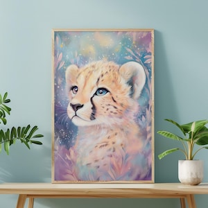Poster di un giovane ghepardo. Arte murale per bambini con cucciolo di ghepardo. Decorazione per la camera dei bambini. Stampa di animali selvatici. Decorazione murale a tema savana.