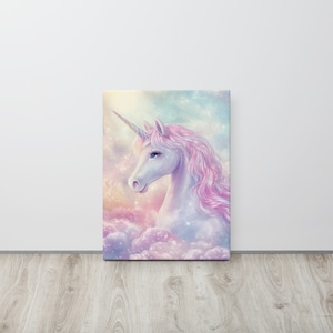 May include: A canvas print featuring a majestic unicorn with a white body, a spiraled horn, and flowing pink mane. The unicorn is set against a dreamy backdrop of pastel clouds and a soft, colorful sky. The artwork evokes a sense of fantasy and wonder.