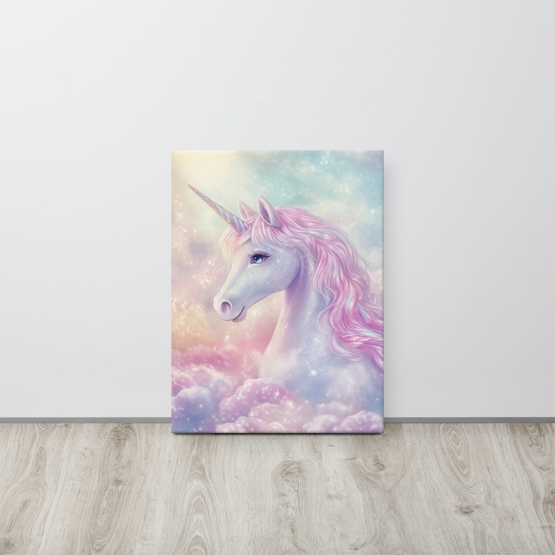 May include: A canvas print featuring a majestic unicorn with a white body, a spiraled horn, and flowing pink mane. The unicorn is set against a dreamy backdrop of pastel clouds and a soft, colorful sky. The artwork evokes a sense of fantasy and wonder.