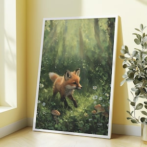 Poster con volpe a tema bosco. Arte murale per la cameretta dei bambini. Decorazione per la cameretta dei bambini, la camera da letto o la sala giochi. Stanza a tema foresta. Dipinto Cottagecore.