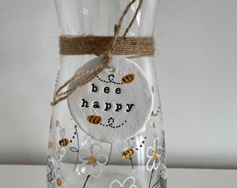 Daisy and Bee Vase Bee Happy Glass Vase Designed and Hand Painted by Luci Lu Designs White Flowers